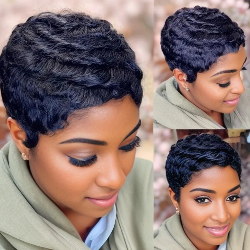 Natural Straight Layered Pixie Cut Human Hair Full Machine Made Wig 1b/30#/4#99J Daily Use Color