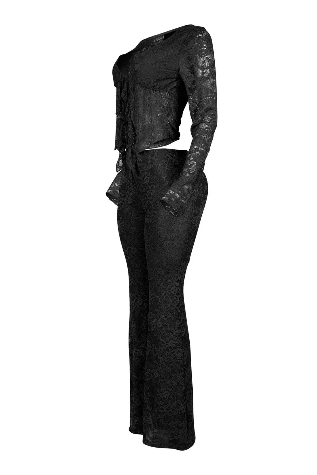 Pant Sets Women Two Pieces Cardigan Lace Sexy Tops Tracksuit Full Wide Leg Pants Loose Fit Casual Spliced High Waist Solid