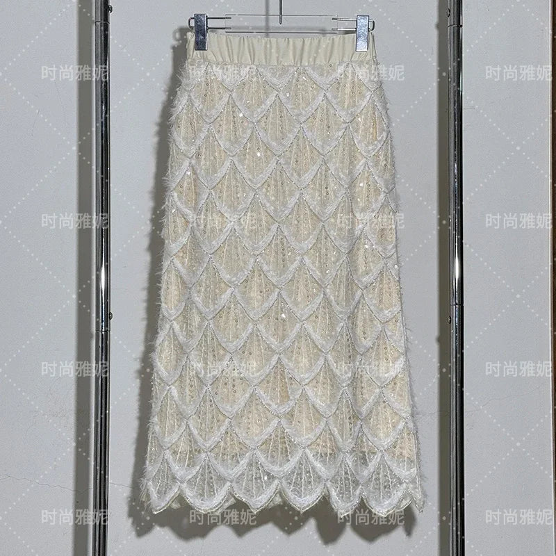 High-end Fashion Beaded Sequined Skirt Set 2025 Spring New Long-sleeved T-shirt Top High Waist Slim-fit Hip Skirt 2-piece Set