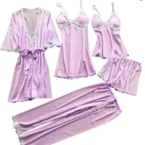 Pajamas Five Piece Set Sexy Lace Trim Nightgown Nightwear Spring Summer Women Bath Robe Loose Satin Home Wear Pijamas Suit