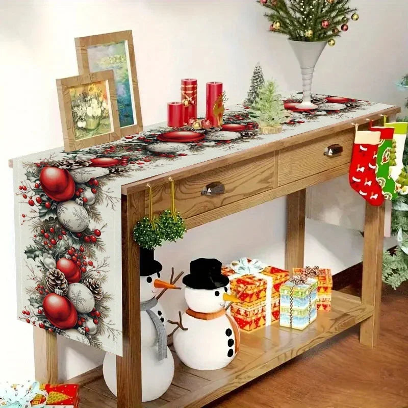 Camino de mesa de lino con piñas, bolas de Navidad y bayas rojas para decoración de mesa, caminos de mesa botánicos de Navidad de invierno, decoraciones navideñas