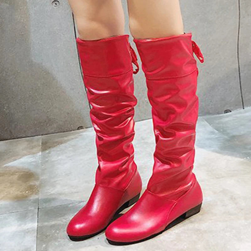 Shoes For Women  Knee High Boots Red Black White Tall Boots Woman Pleated Low Heel Casual Leather Female Long Shoes