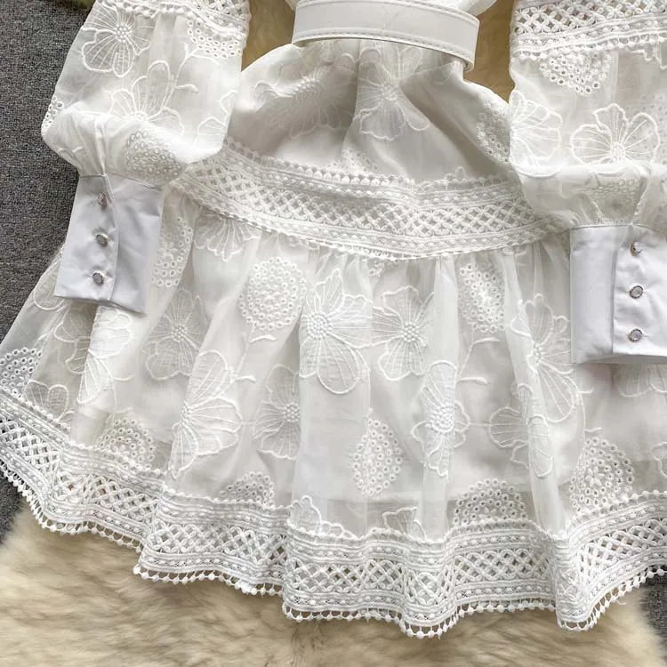 Luxury Women Lace Shirt dress White Black  New Vintage embroidery Lantern sleeve dresses with belt Sexy clothes INKEO 4D062