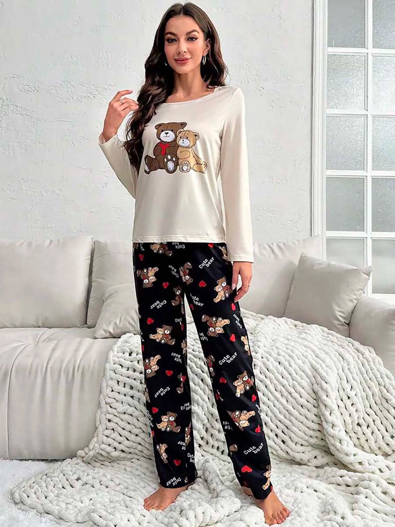 Women's pajamas set Comfortable casual two bear print crewneck long sleeve trousers women's pajamas set