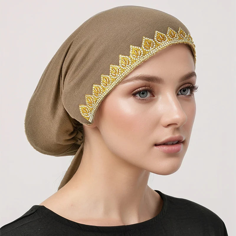 Gorros elásticos con pedrería dorada brillante para mujer, gorros musulmanes con lazo en la parte trasera, hijabs interiores, turbante, gorro con estampado de hojas en caliente, bajo la gorra de diamantes, jersey
