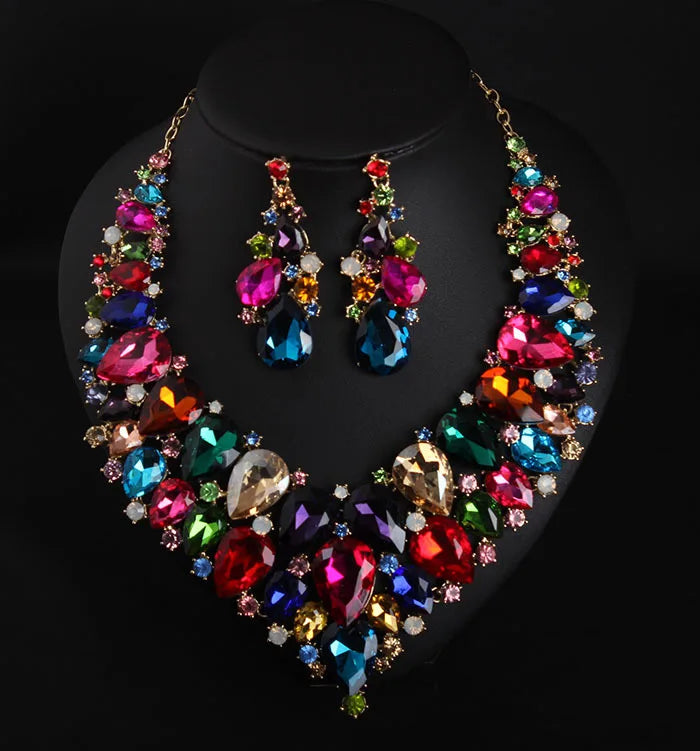 Luxury Super Shiny Colored Gems Crystal Jewelry Set Trendy Necklace Earring Women Wedding Bridesmaid Accessories Gift Wholesale