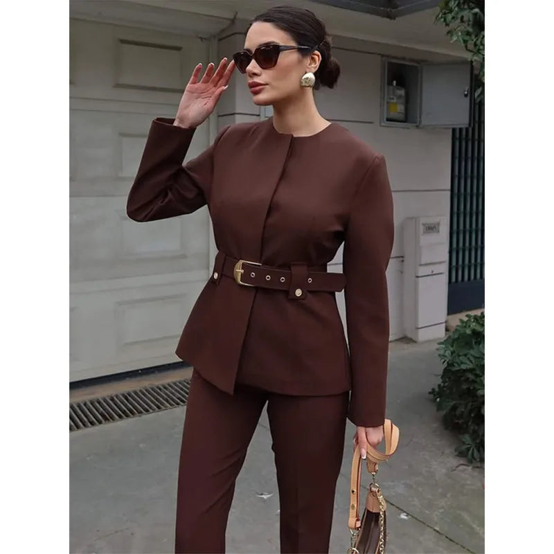 Elegant Women's Trouser Suits Long Sleeve O-Neck Top With Belt Solid Wide Leg Pants Female Suit 2025 Spring 2 Pieces Set Women