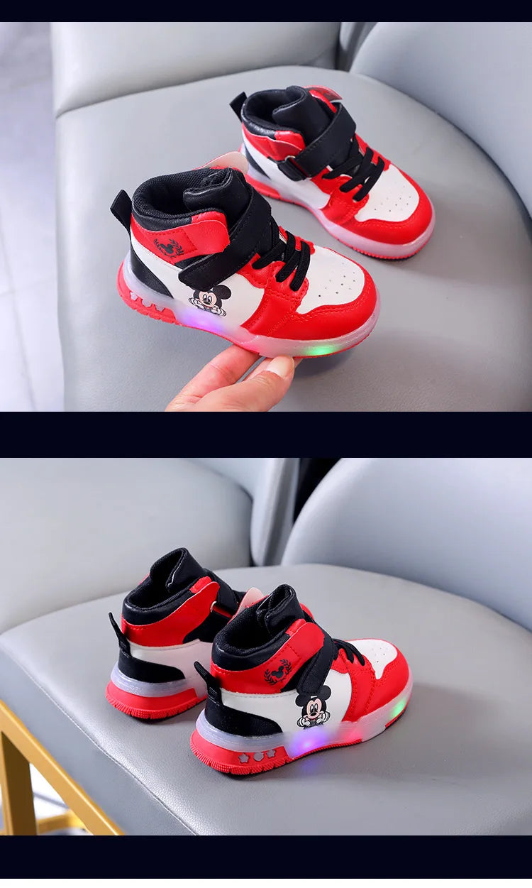 Disney Girls' Causla Shoes PU Leather Mickey Mouse LED Luminescent Children's Sneaker 1-6 Year Old Boys' Sports Casual Shoes