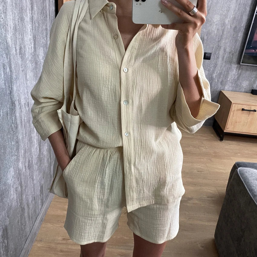 Cotton Pajamas For Women Sets Suit Casual Sleepwear Turn-Down Collar Nine Quarter Sleeve Sleep Tops Shorts Female Homewear 2023