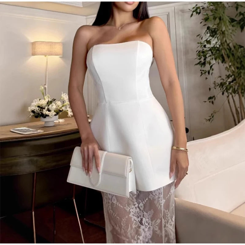 Trendy Tube Top Lace Long Skirts Sets Women Strapless Sleeveless Slim Tops See Through Skirt Summer Chic Party Outfits Dress Set