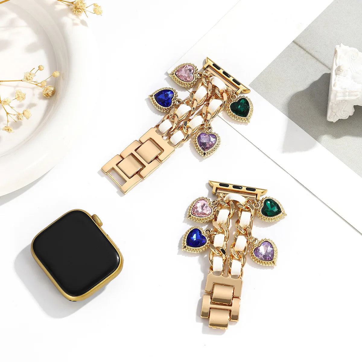 1 tassel flower design Apple Watch strap, detachable joint adjustable size practical metal strap with gemstone decoration