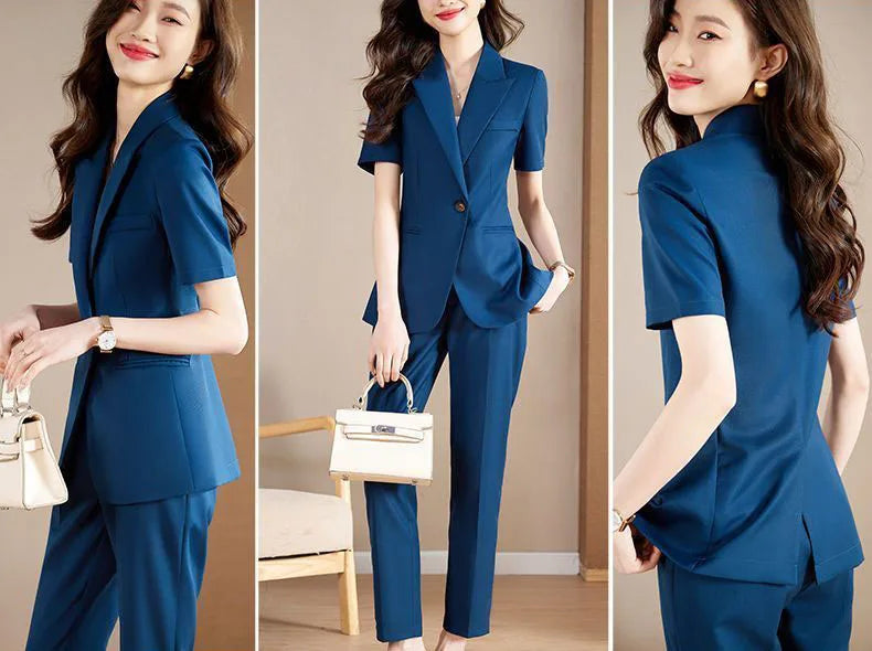 Women Formal Suits 2 Pieces Sets Elegant Slim Short Sleeve Cardigan Tops Conjuntos Summer Ol High Waist Pencil Pants Ensembles