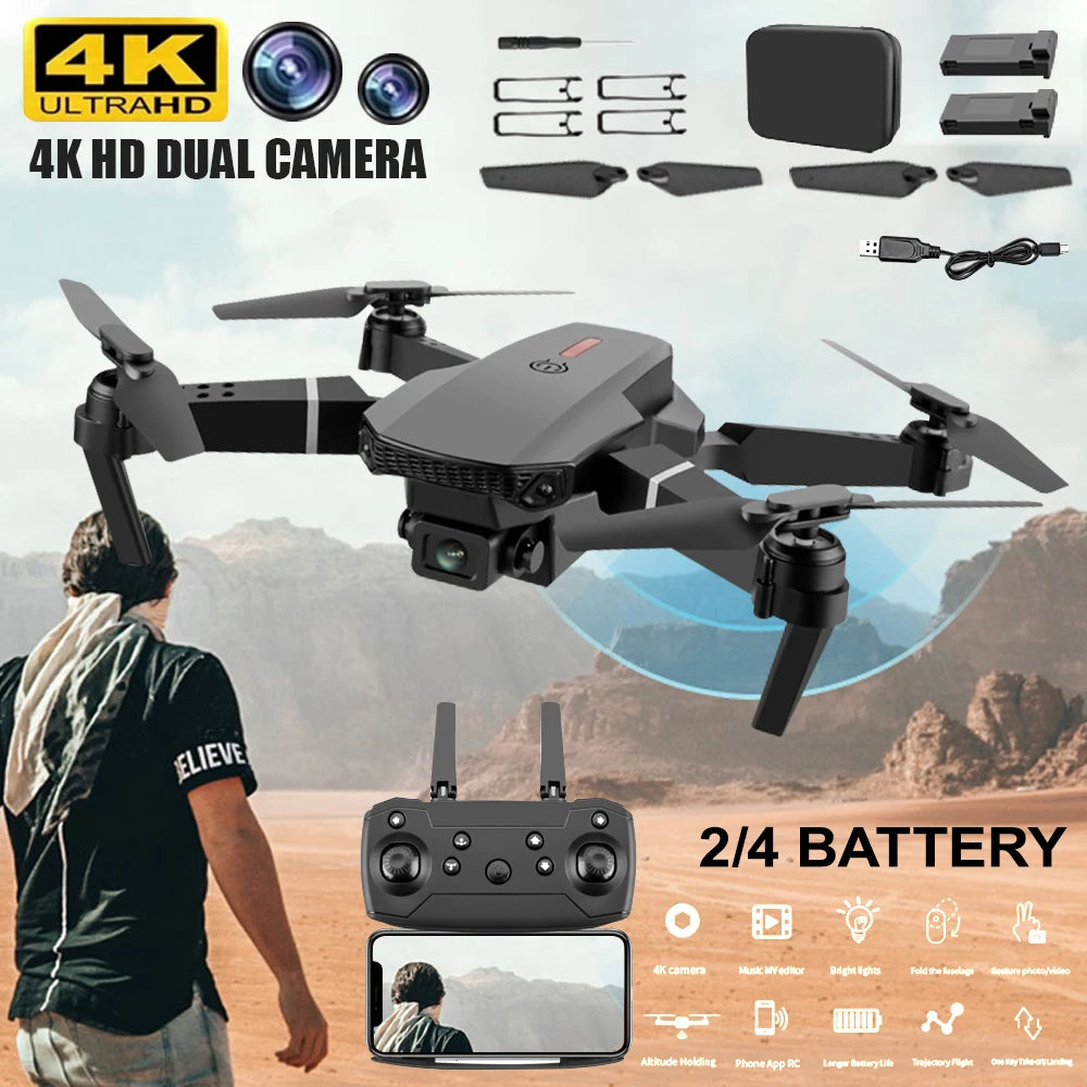 Hd 8k Drone E88 Pro Max Foldable Mini Rc Drone With Dual Camera Colorful Lights Screen Control Boys Gift 10 Min Flight Time