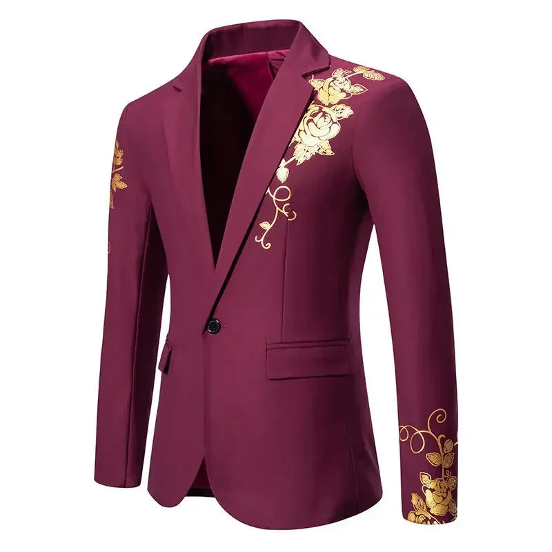 New Men Business Social Suit Loose Jacket Black / White / Royal Blue Fashion Male Wedding Prom Party Rose Printed Blazers
