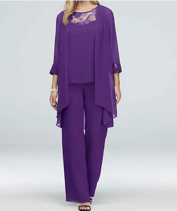 Women's Elegant Pant Sets Formal Office Ladies Oversized Chiffon Lace Suits Straight Pant Cardigan Tops 3 Pieces Sets Woman