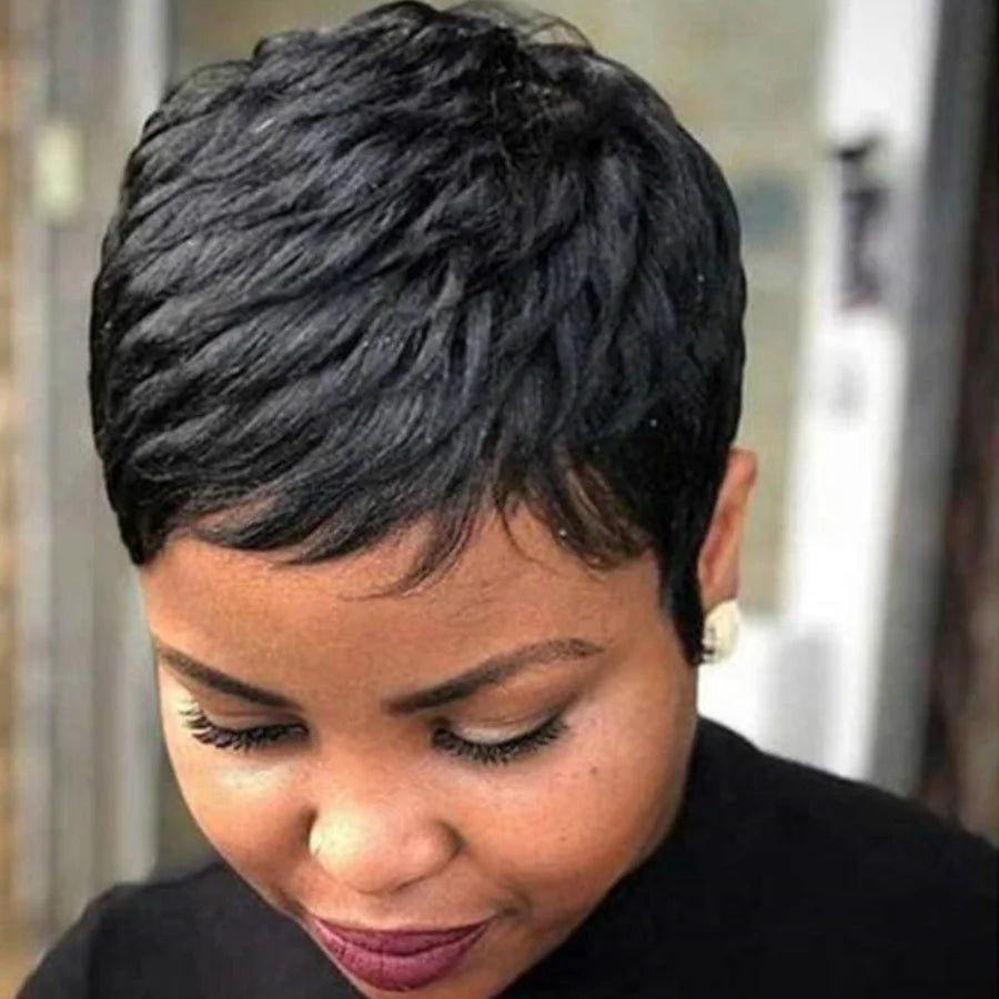 Pelucas sintéticas Pixie de pelo corto, corte pixie, pelucas cortas negras onduladas, pelucas sintéticas cortas en capas para mujeres negras, pelucas de corte pixie