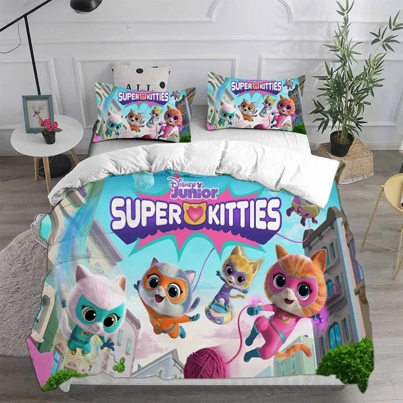 Juego de ropa de cama de Super Kitties Kittydale, juego de accesorios de cama de gato de dibujos animados, juego de funda nórdica para niños, juego de edredón, regalos de cumpleaños