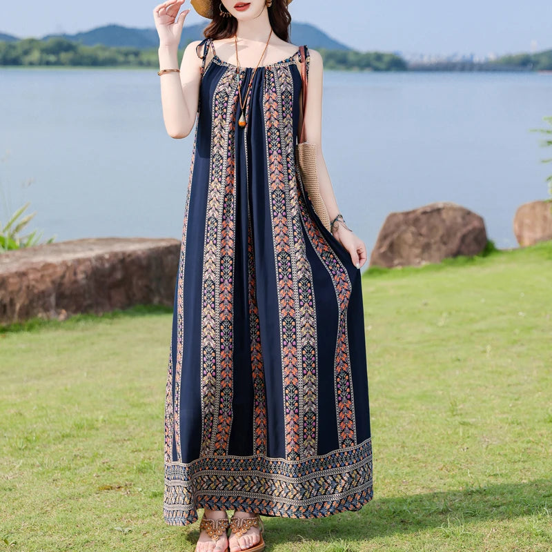 New Fashion Hot Summer Dresses For Women  Casual Flower Print Floral Sleeveless Dress Vintage Dress Loose Women Clothing