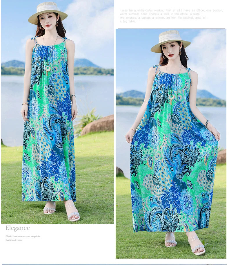 New Fashion Hot Summer Dresses For Women  Casual Flower Print Floral Sleeveless Dress Vintage Dress Loose Women Clothing