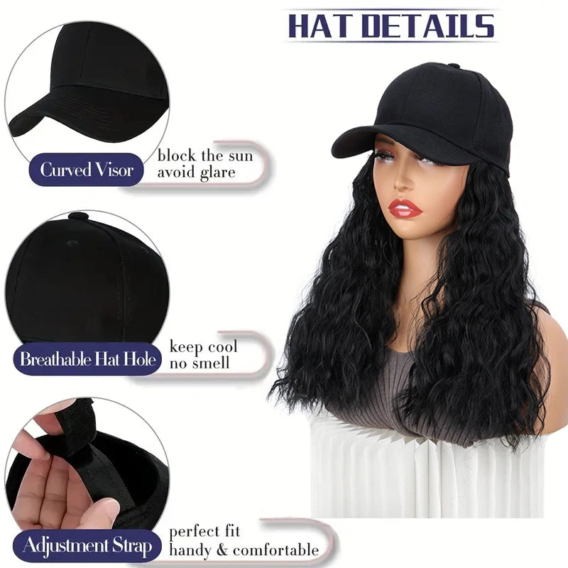 Synthetic 18Inch Long Curly Elegant Black Baseball Cap Hat Wig Heat-Resistant Hair Easy Wear Versatile for All Occasions