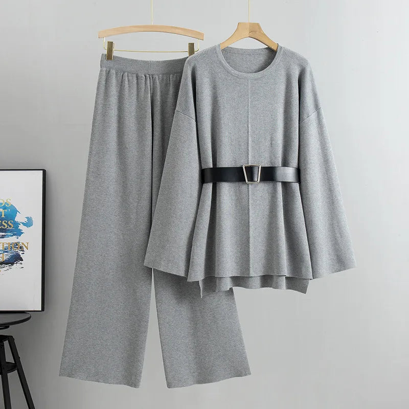 New Fashion Elegant Sweater Pants Suit Women Outifits 2025 Autumn Loose Sweater with Knitted Wide-leg Pants Female Two-piece Set
