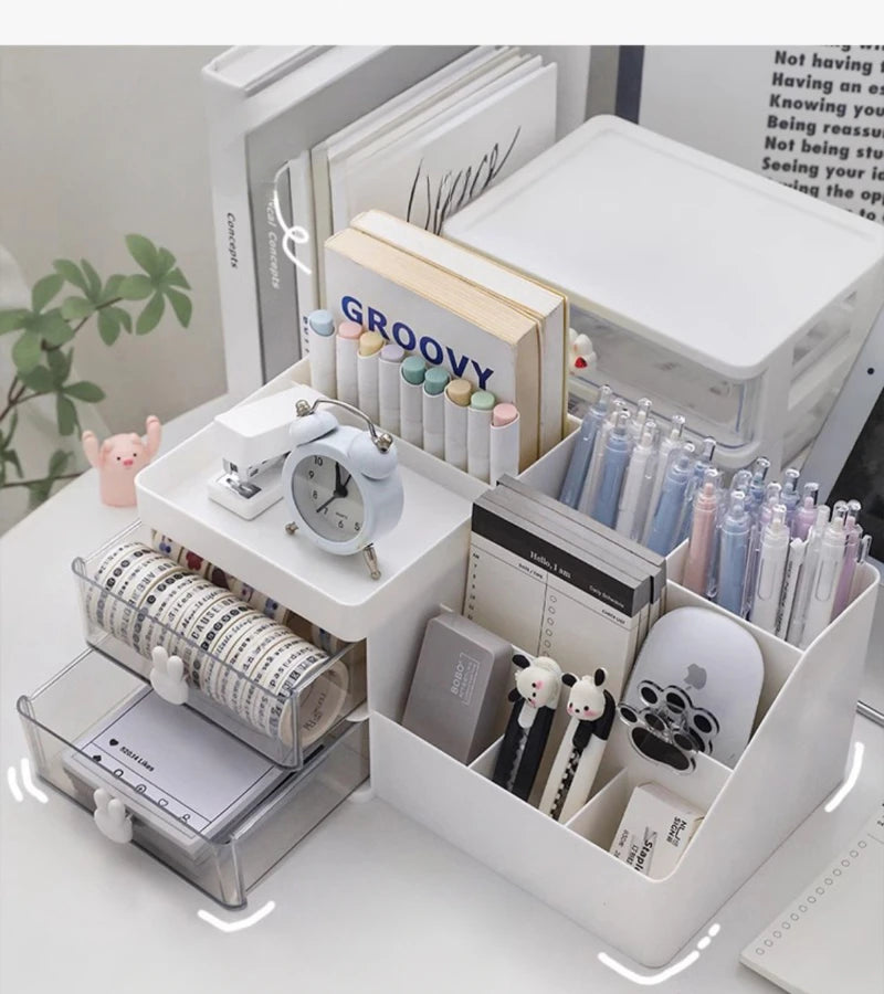 Desktop Transparent Cosmetics Storage Box Desktop Organizer with Drawers Pen Holder Stationary Storage Rack for Office Desks