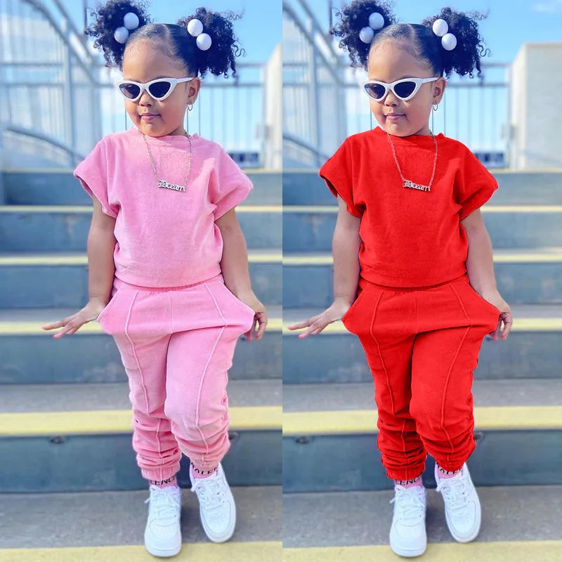 Kids Clothes Children's Clothing Baby Summer Short-Sleeved Hoodie Top+Pants Two-Piece Casual Sports Toddler Girl Outfit Set