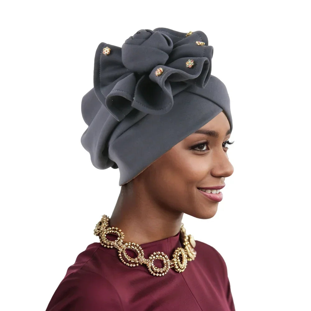 2025 Trendy Women Big Flower Turban Hat Fashion Muslim Hijab Caps Beads Head Wrap Bonnet Bandana Chemo Cap African Headties Hats