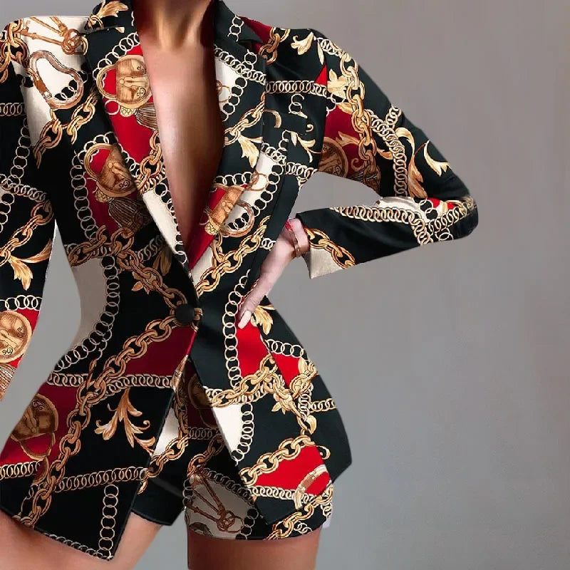 Conjunto de dos piezas de shorts para mujer, trajes de otoño e invierno, a la moda, estampado de leopardo, casual, blazer de manga larga y pantalones cortos