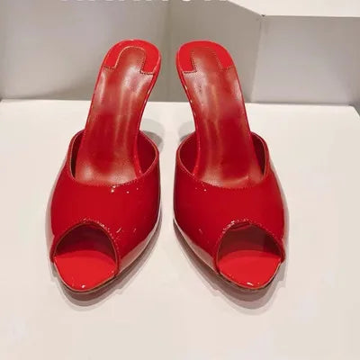 Women Luxury High Heeled Shoes for Woman's Peep Toe Pointed Toe Patent Leather Pumps Sexy Ladies Stiletto Red Party Sandals