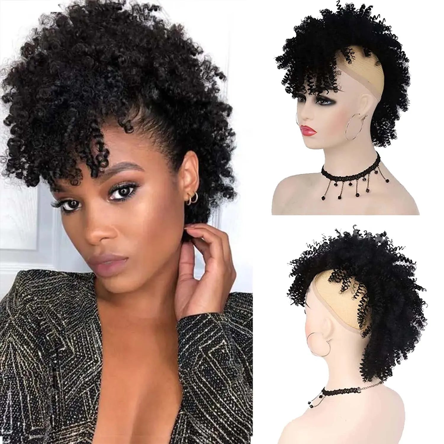 Queue de cheval synthétique Tereshar Afro High Puff avec frange courte queue de cheval bouclée crépue Chignon queue de cheval Mohawk avec frange pour les femmes noires