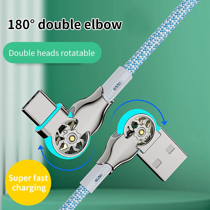 Dual 180° Rotating Fast Charging Cable Type C Micro USB Charger with Light Zinc Alloy Braided Data Cable For Android iPhone