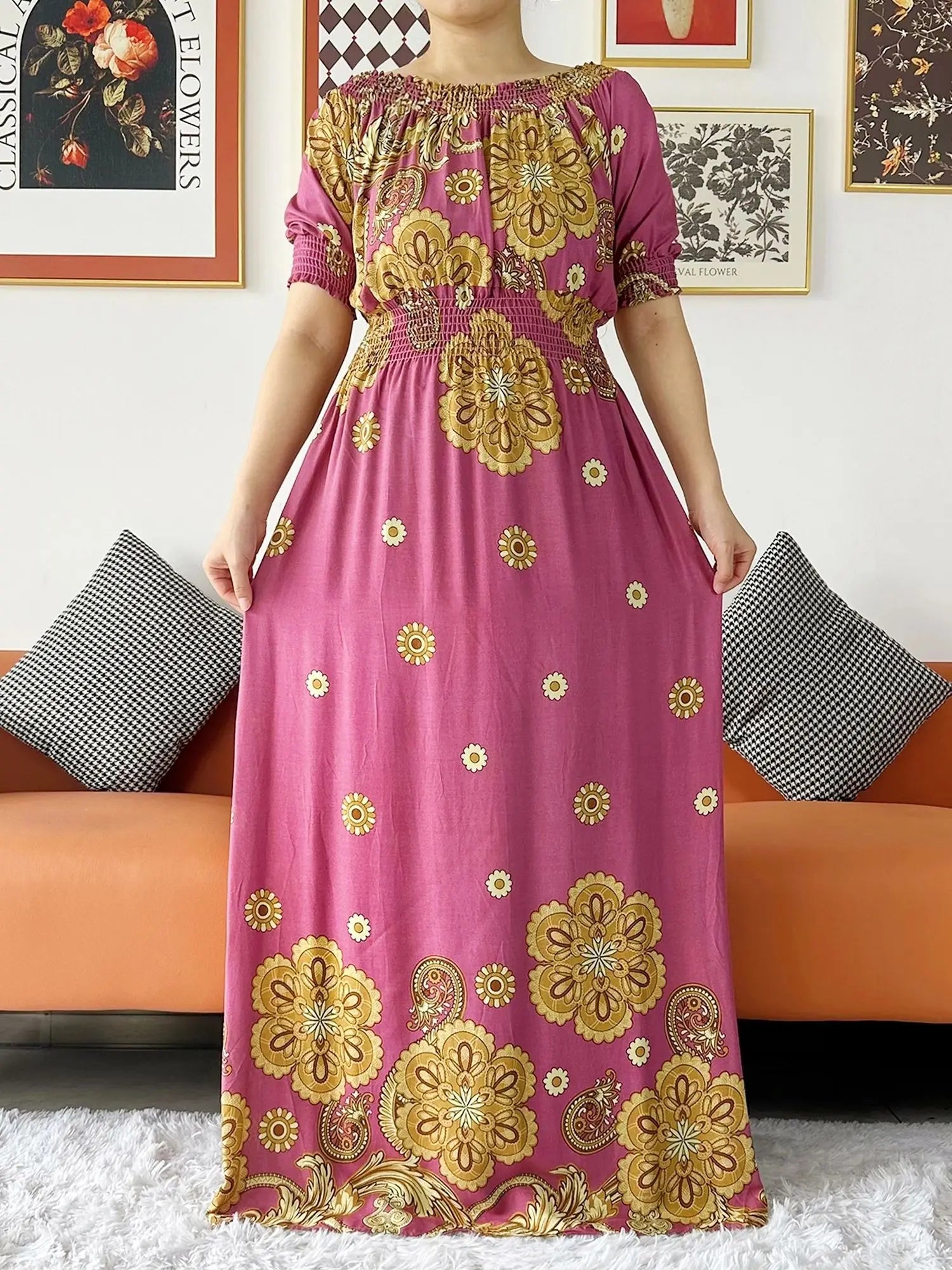 New Summer Women Abaya Short Sleeve Dashiki Floral Collect Waist Loose Maxi Robe Floral Femme Musulmane African Printing Abaya