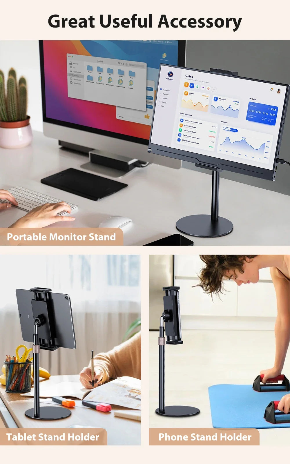 Cdisplay Portable Monitor Stand Adjustable Height Desktop Monitor Bracket for 4.7-17.3 inch Phone Tablet Monitor Support Holder