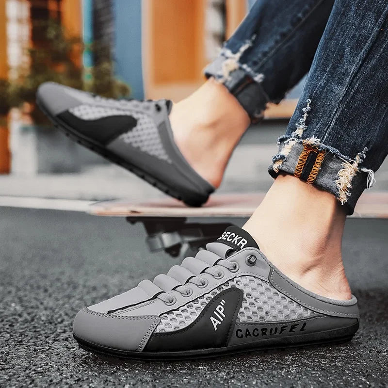 Men's Half Slippers Fashion Outdoor Casual Shoes for Men Walking Flats Soft Sole Support Slipper Mesh Breathable Slip-On Loafers