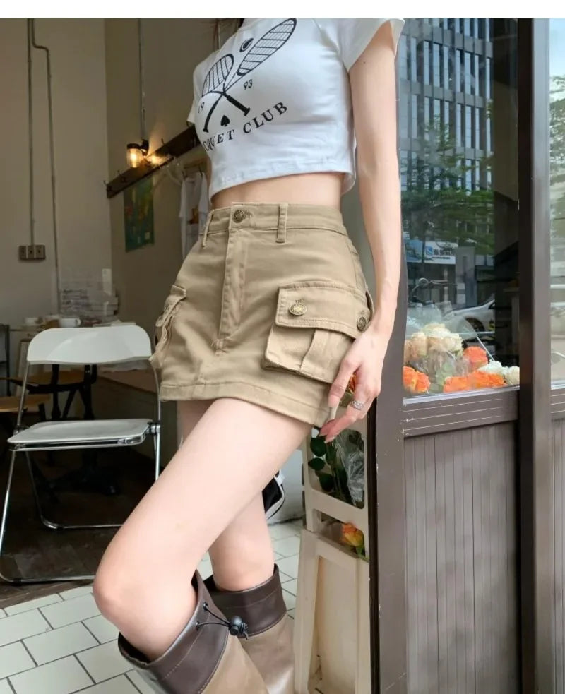 Women's Skirt Autumn New Denim Khaki Work Skirt Skinny American Half-body High Waist A-line Skirt Pocket A Line Sexy Dress