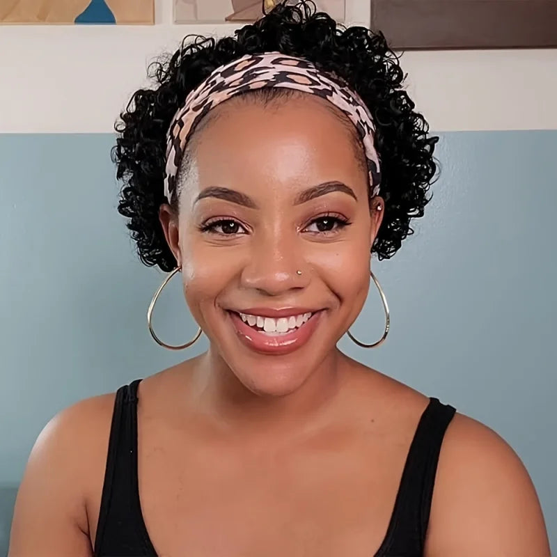 Water Wave Short Curly Pixie Cut Headband Wig for Women Remy Brazilian Human Hair Full Machine Made wig