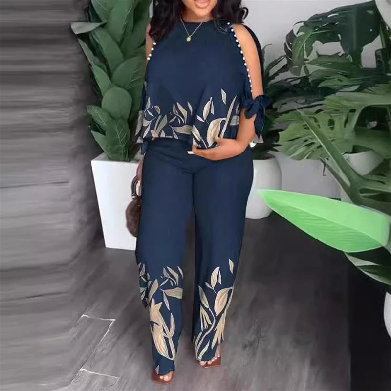 Two Piece Sets Women Outifit Beaded O-Neck Split Sleeve Top & Casual High Waist Straight Leg Pants Set 2023 Summer New Fashion
