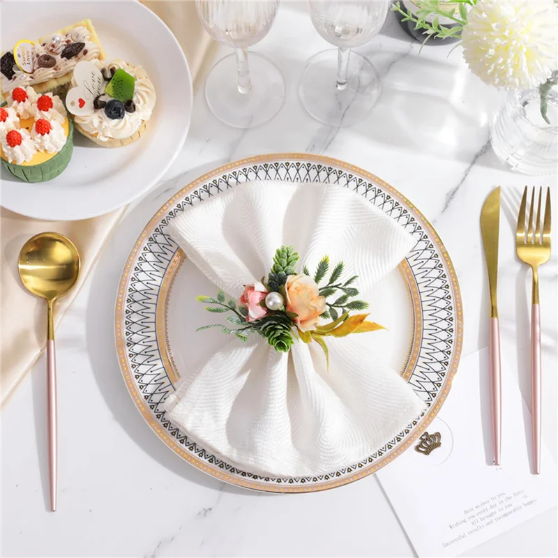 B84B-Servilleteros, juego de 12 servilleteros de flores con perlas para mesas de cena para bodas, fiestas, Navidad, vacaciones