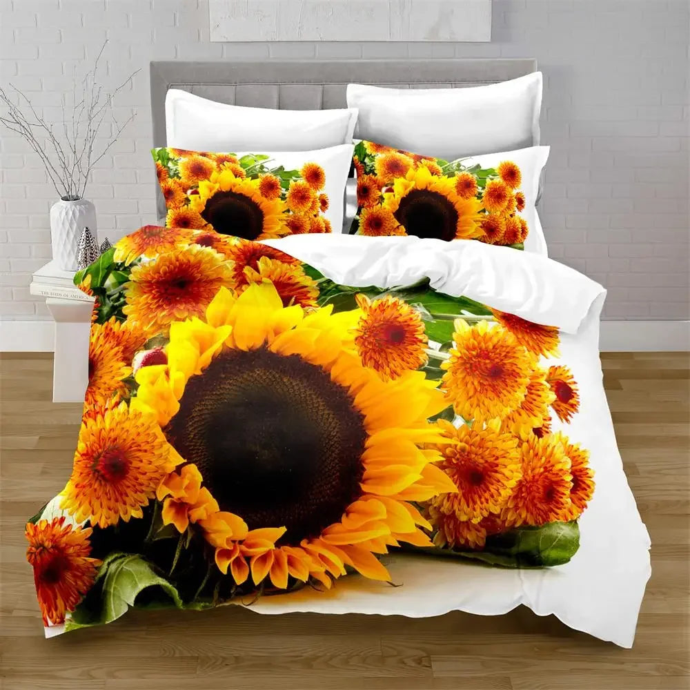 Juego de funda nórdica de girasol, flores amarillas, exuberantes girasoles en el campo, juego de cama de microfibra, estampado floral botánico, funda de edredón