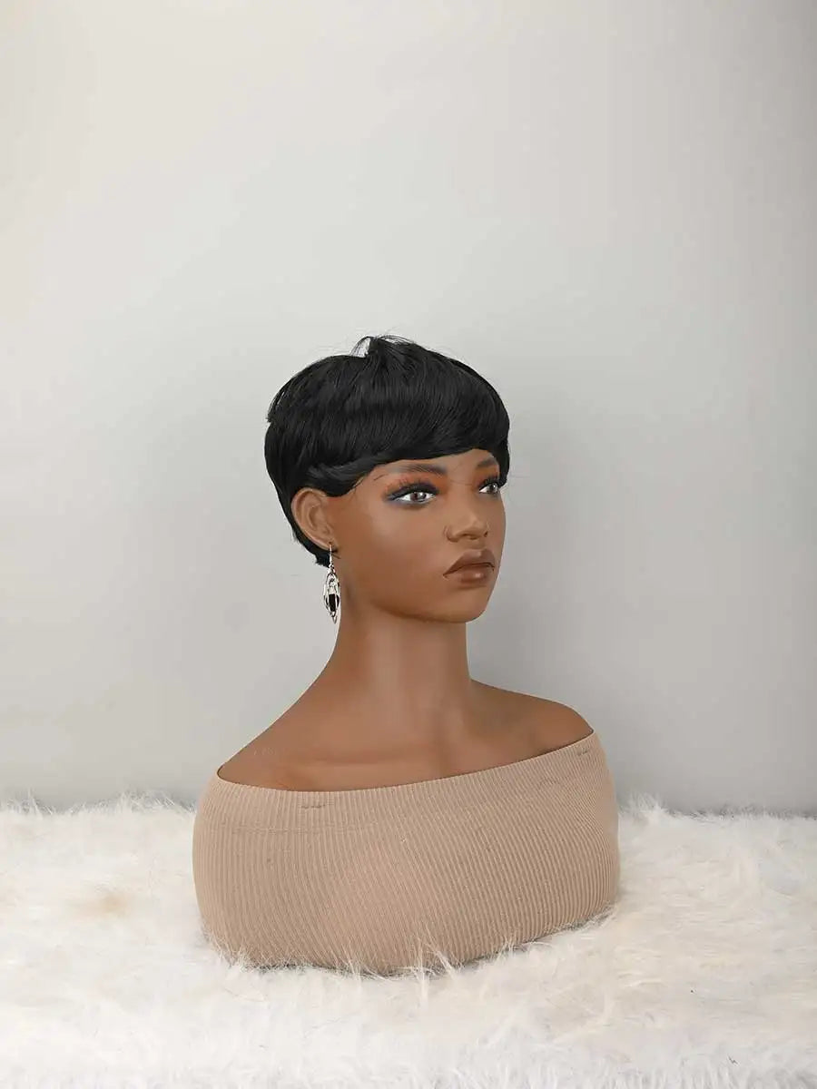 Short Bob Wig For Women Pixie Cut Wigs Glueless Wig None Lace Front Wig With Bangs Natural Black Straight Full Machine Made Short Layered For Daily Use