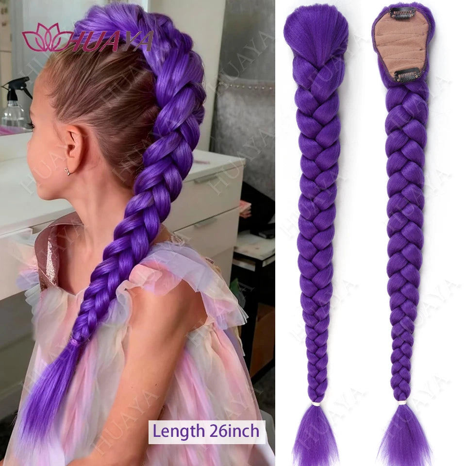 Synthetic Braided Purple Hair Ponytail Rumi Costume Hairstyle Long Ponytail with Rubber band and Clips for Kids Girls Christmas