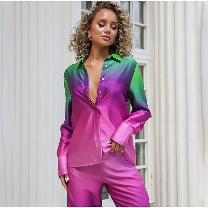 Elegant Women Two Piece Pants Set Casual Fashion Loose Long Sleeve Shirt Top High Waist Wide Leg Pants Suit Outfits Tracksuit