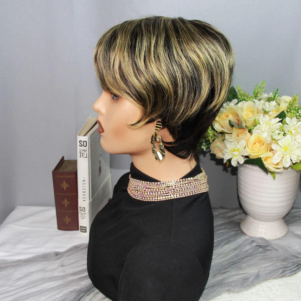 Highlight Blonde Wigs Colored Light Brown Pixie Cut Wigs Human Hair 100% Short Wigs Human Hair Full Machine Wigs Glueless Wigs Human Hair