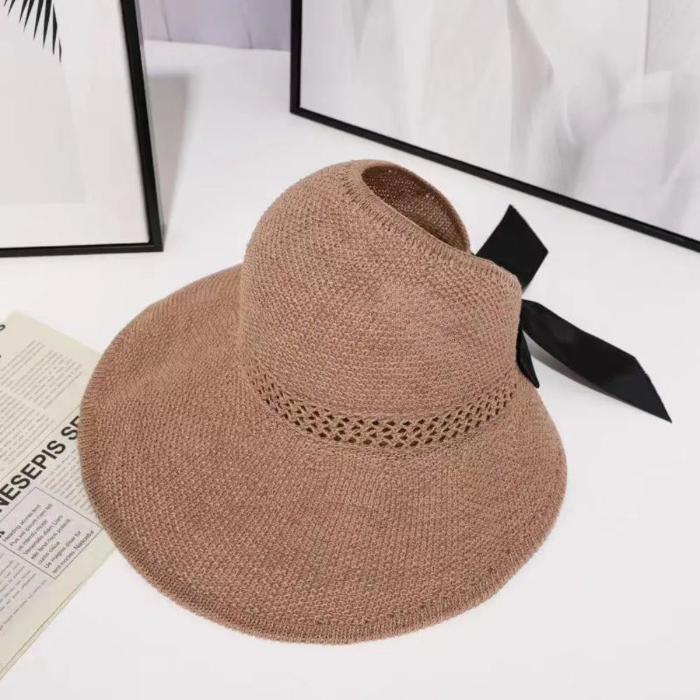 Chapeau de soleil à nœud creux tendance pour femme, large bord, queue de cheval, casquette de plage, protection UV, crochet