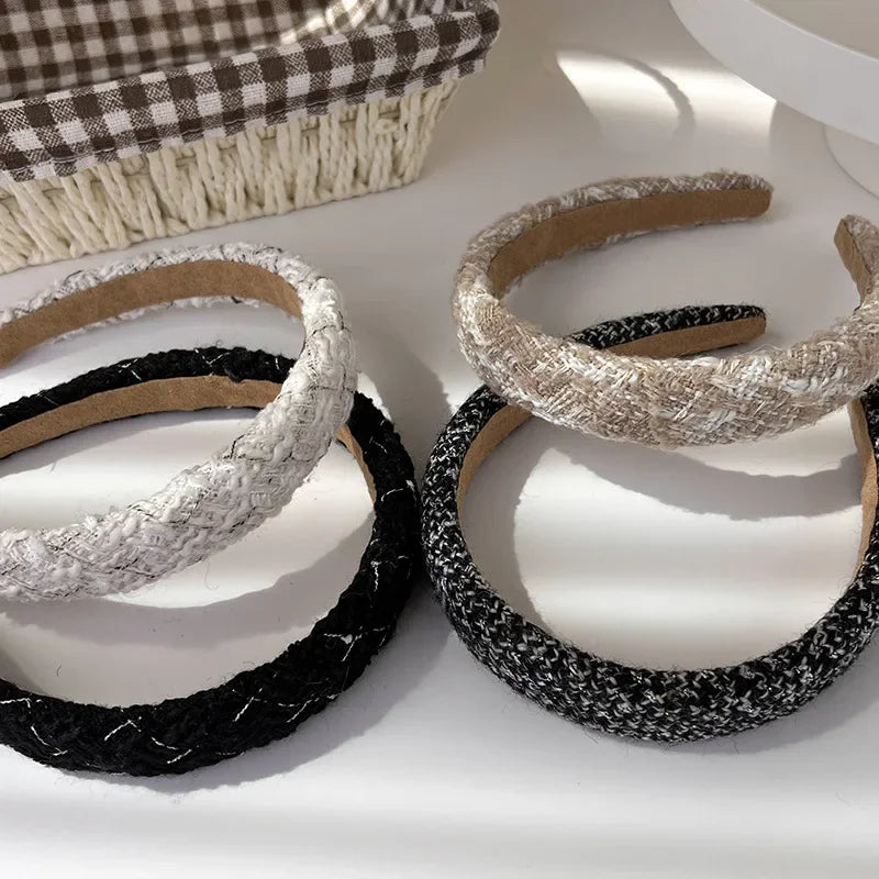 Diademas de tweed con celosía a la moda para mujer, bandas para el cabello retro con temperamento, aros para el cabello sólidos con esponja, nuevos accesorios para el cabello de otoño e invierno