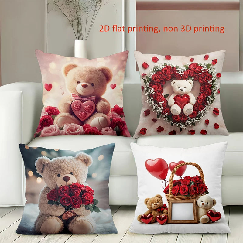 Teddybjørn Rose Hjerte Puter 2D Flat Print Polyester Putetrekk, Sofa Dekorativ Putetrekk Hodegavl Pute