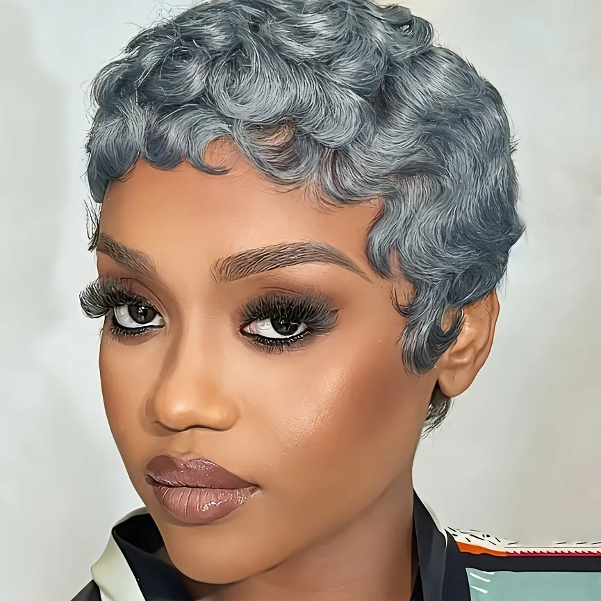 Grey Color Human Hair Wig Layered Short Curly Pixie Cut with Bangs Machine Made Wig Comfortable & Secure Fit