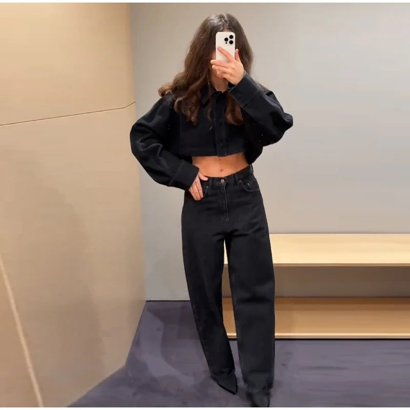 Women Denim Short Tops Pants 2 Piece Sets Lapel Baggy Long Sleeves Coats Straight Wide Leg Loose Jeans Suits 2025 Summer Outfits