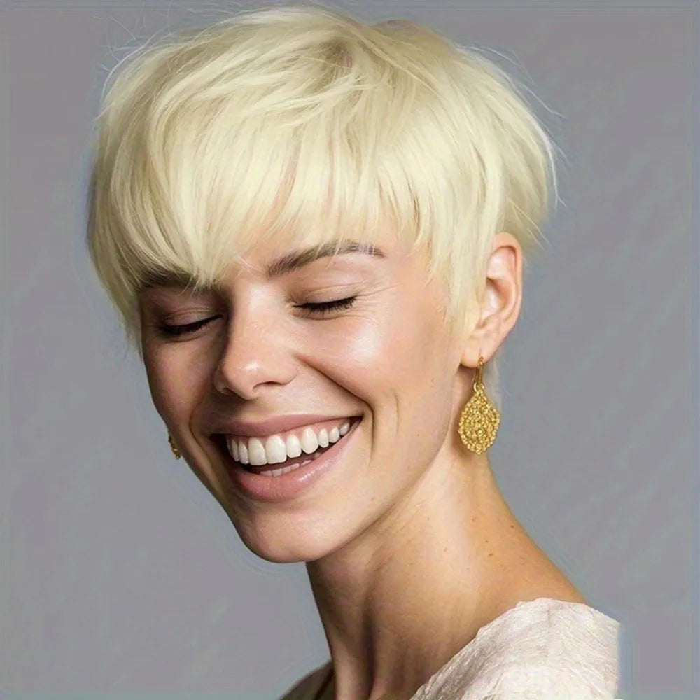 peluca de uso diario para fiestas, peluca pixie, color rubio, hecha a máquina para mujeres, peluca pixie corta y lisa de cabello humano